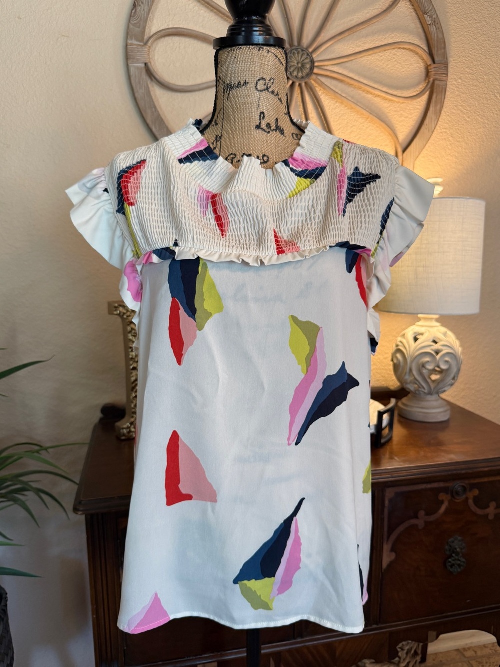 THML Ruffled Smocked Neck Blouse in White with Multicolor Abstract Print